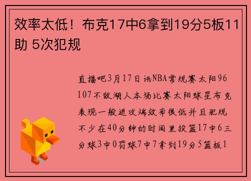 效率太低！布克17中6拿到19分5板11助 5次犯规